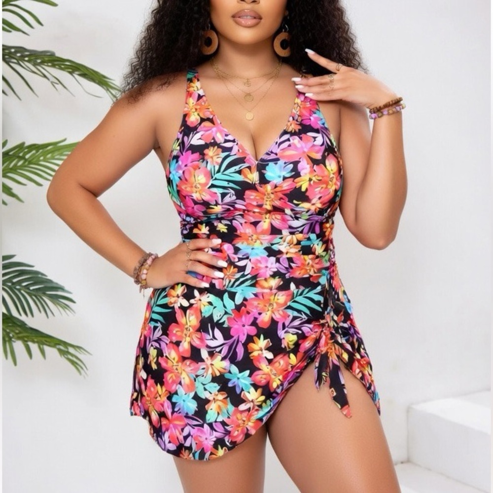 NEW 2 Piece Swim Dress, black multi floral  #SW-D2-0065
